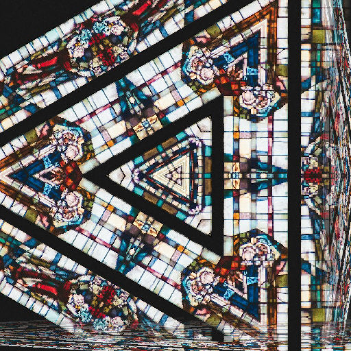 A seamless hexagonal kaleidoscope pattern made from stained glass art, featuring gold and blue ecclesiastical colors.